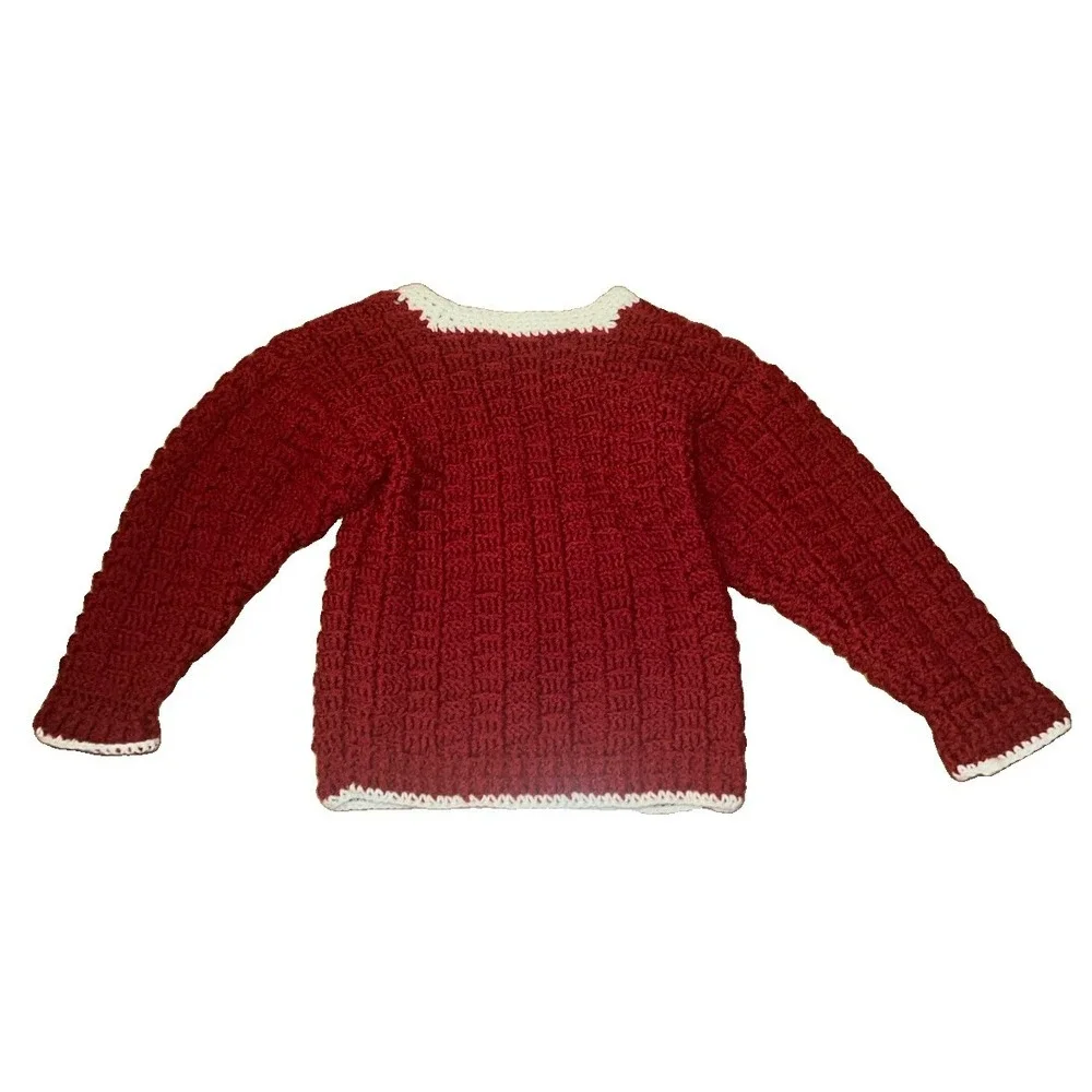 VTG Hand Knit Girls Red Sweater Cardigan Button Chunky Christmas Sz L T-9
